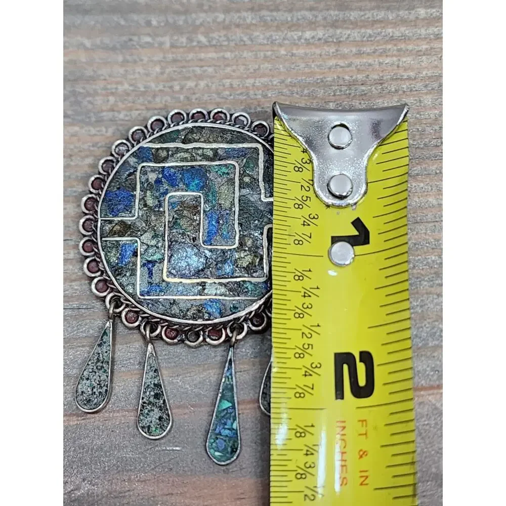 Vintage Taxco Mexico Signed Sterling Silver 925 Turquoise Inlay Brooch Pendant